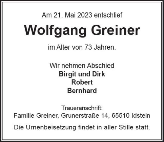 Traueranzeige von Wolfgang Greiner von Idsteiner Land/Untertaunus