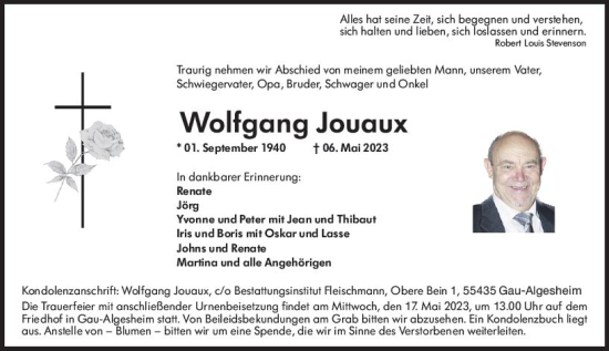 Traueranzeige von Wolfgang Jouaux von Allgemeine Zeitung Bingen/Ingelheim