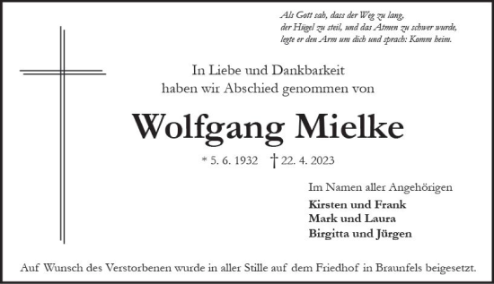 Traueranzeige von Wolfgang Mielke von Weilburger Tageblatt
