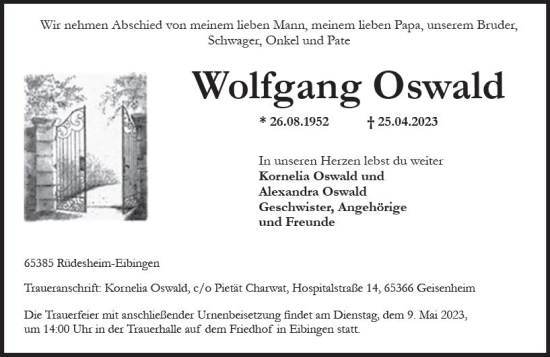 Traueranzeige von Wolfgang Oswald von Wiesbadener Kurier