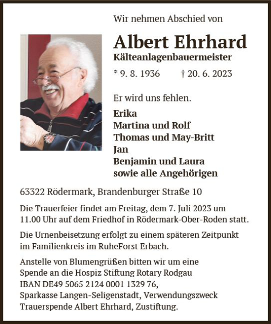 Traueranzeige von Albert Ehrhard von Darmstädter Echo