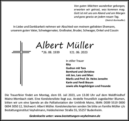 Traueranzeige von Albert Müller von Allgemeine Zeitung Mainz