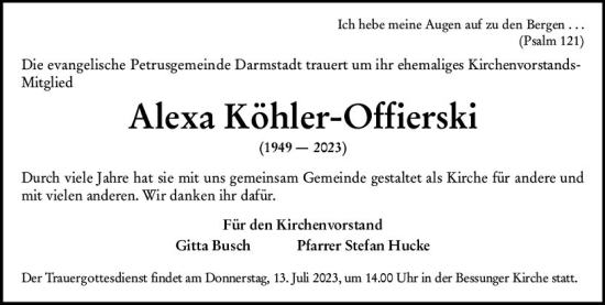 Traueranzeige von Alexa Köhler-Offierski von Darmstädter Echo