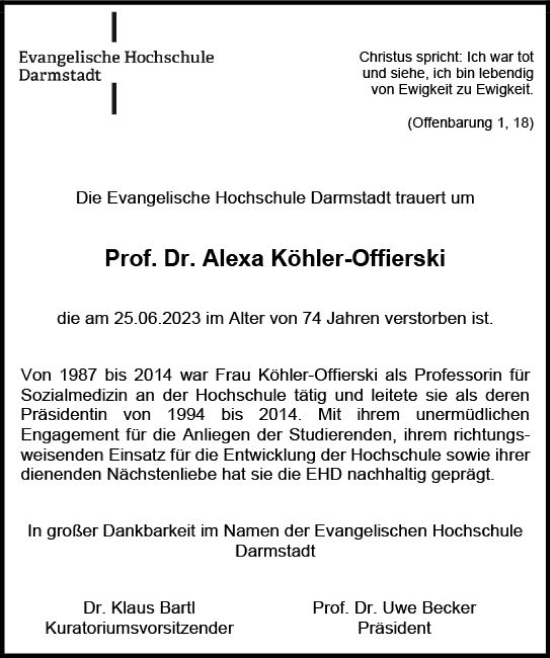 Traueranzeige von Alexa Köhler-Offierski von Dieburger Anzeiger/Groß-Zimmerner Lokal-Anzeiger