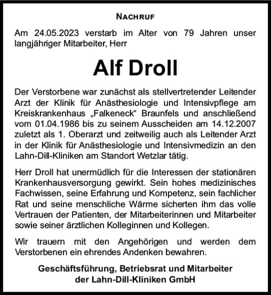 Traueranzeige von Alf Droll von Weilburger Tageblatt