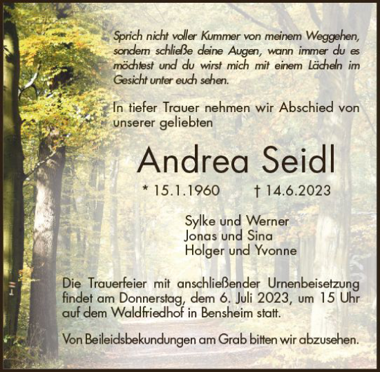 Traueranzeige von Andrea Seidl von Darmstädter Echo