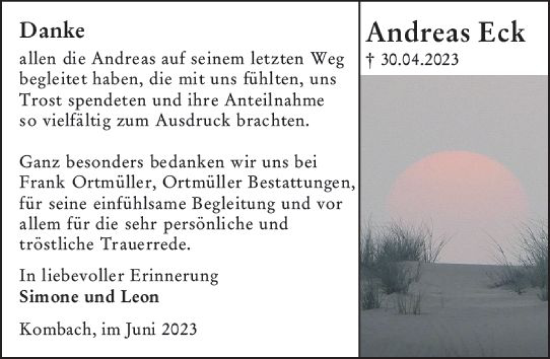 Traueranzeige von Andreas Eck von Hinterländer Anzeiger