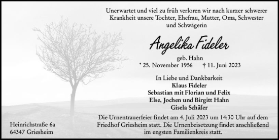 Traueranzeige von Angelika Fideler von Darmstädter Echo