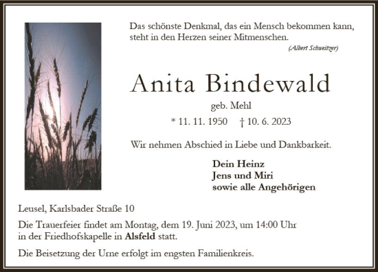 Traueranzeige von Anita Bindewald von VRM Trauer
