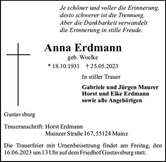 Traueranzeige von Anna Erdmann von Allgemeine Zeitung Mainz