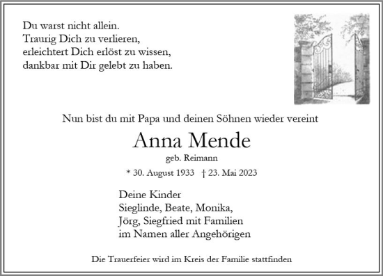 Traueranzeige von Anna Mende von Wiesbadener Kurier
