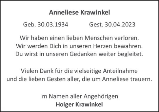 Traueranzeige von Anneliese Krawinkel von Starkenburger Echo