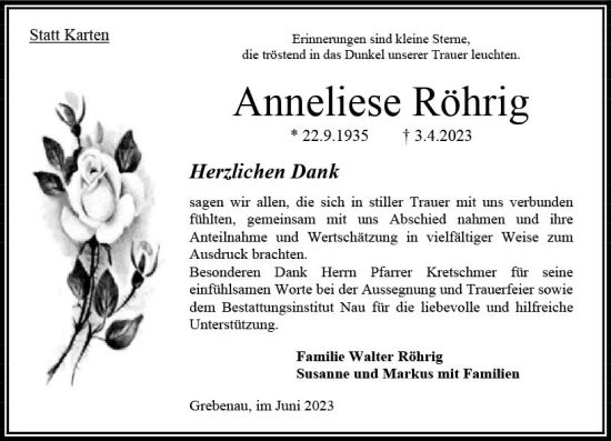 Traueranzeige von Anneliese Röhrig von Oberhessen Kurier