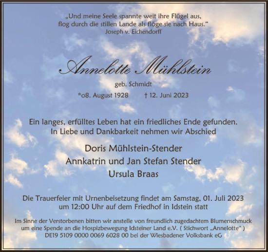 Traueranzeige von Annelotte Mühlstein von Idsteiner Land/Untertaunus