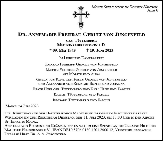Traueranzeige von Annemarie Freifrau Gedult von Jungenfeld von Allgemeine Zeitung Mainz