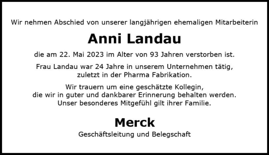Traueranzeige von Anni Landau von Darmstädter Echo