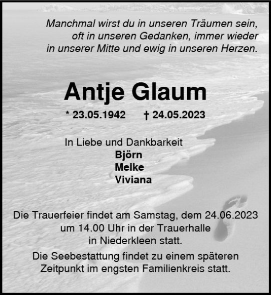 Traueranzeige von Antje Glaum von Wetzlarer Neue Zeitung