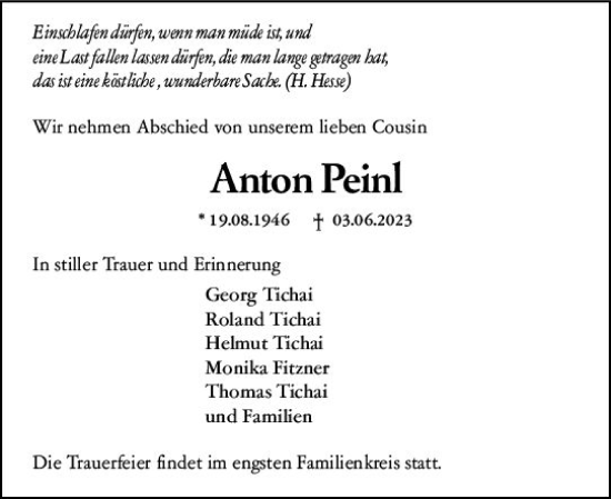 Traueranzeige von Anton Peinl von Darmstädter Echo