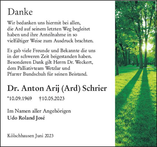 Traueranzeige von Anton Arij Schrier von Hinterländer Anzeiger