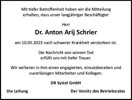 Traueranzeige von Anton Arij Schrier von Wetzlarer Neue Zeitung