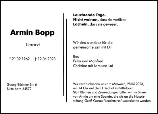 Traueranzeige von Armin Bopp von Groß-Gerauer Echo