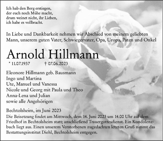 Traueranzeige von Arnold Hillmann von Allgemeine Zeitung Alzey