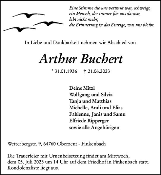 Traueranzeige von Arthur Buchert von Odenwälder Echo