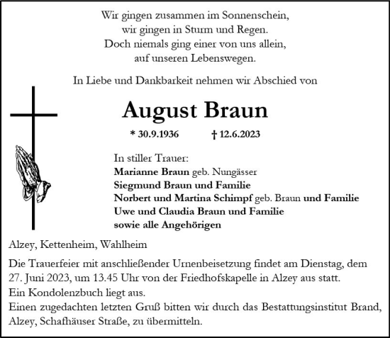 Traueranzeige von August Braun von Allgemeine Zeitung Alzey