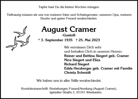 Traueranzeige von August Cramer von Wiesbadener Kurier