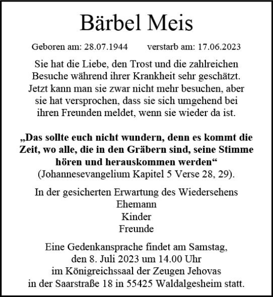Traueranzeige von Bärbel Meis von Bingen/Ingelheim WOBL inkl. Neue Binger Ztg.