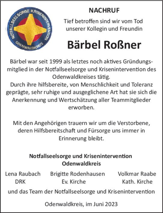 Traueranzeige von Bärbel Roßner von Odenwälder Echo