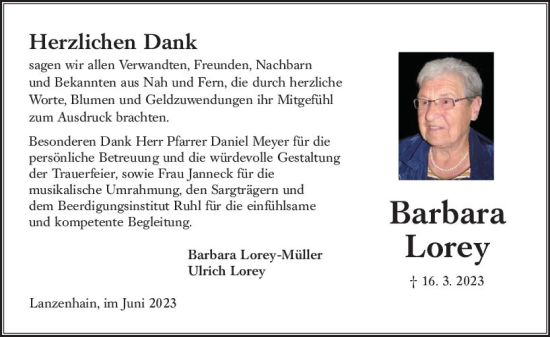 Traueranzeige von Barbara Lorey von Oberhessen Kurier