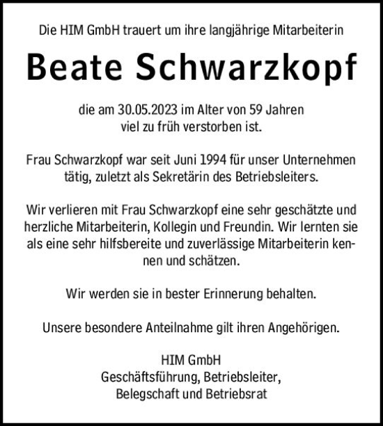 Traueranzeige von Beate Schwarzkopf von Groß-Gerauer Echo