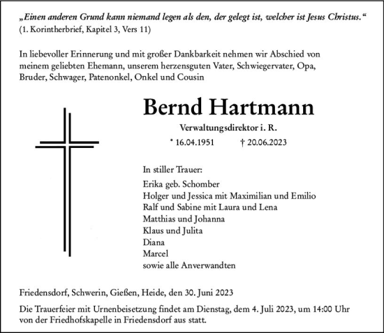 Traueranzeige von Bernd Hartmann von Hinterländer Anzeiger