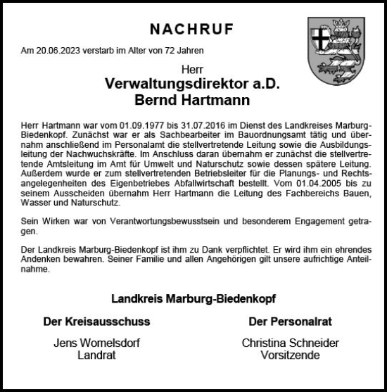 Traueranzeige von Bernd Hartmann von Hinterländer Anzeiger