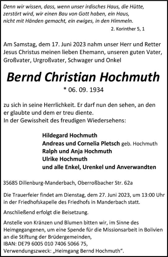 Traueranzeige von Bernd Christian Hochmuth von Dill Block