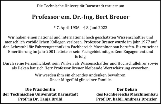 Traueranzeige von Bert Breuer von Darmstädter Echo