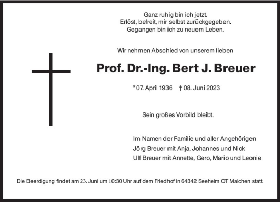 Traueranzeige von Bert J. Breuer von Darmstädter Echo