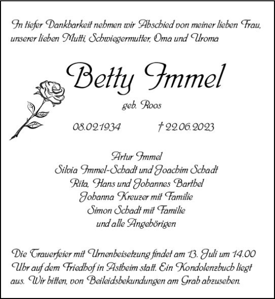 Traueranzeige von Betty Immel von Rüsselsheimer Echo