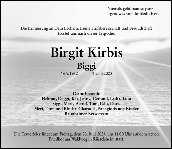 Traueranzeige von Birgit Kirbis von Rüsselsheimer Echo