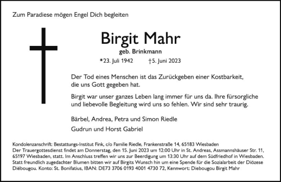 Traueranzeige von Birgit Mahr von Wiesbadener Kurier