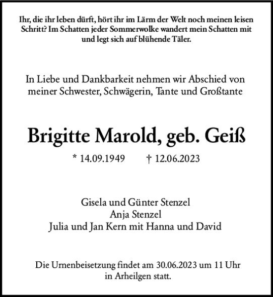 Traueranzeige von Brigitte Marold von Darmstädter Echo