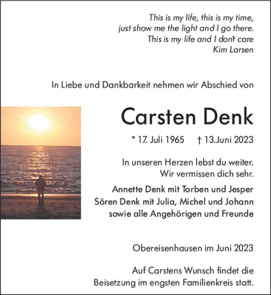 Traueranzeige von Carsten Denk von Hinterländer Anzeiger