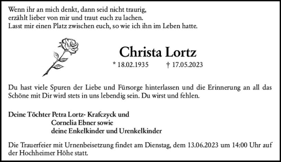 Traueranzeige von Chnsta Lortz von Wormser Zeitung