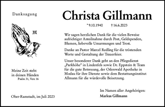 Traueranzeige von Christa Gillmann von Darmstädter Echo