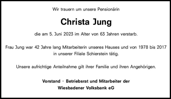 Traueranzeige von Christa Jung von Wiesbadener Kurier