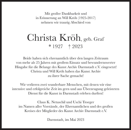 Traueranzeige von Christa Kröh von Darmstädter Echo