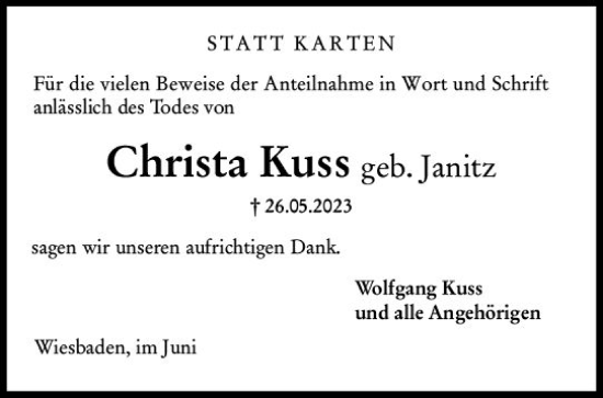 Traueranzeige von Christa Kuss von Wiesbadener Kurier