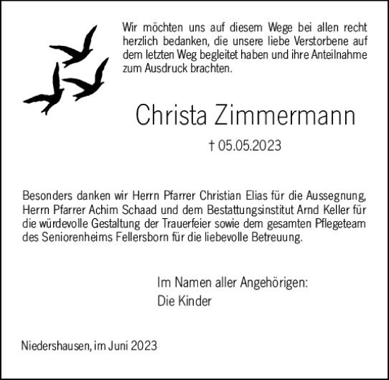 Traueranzeige von Christa Zimmermann von Weilburger Tageblatt