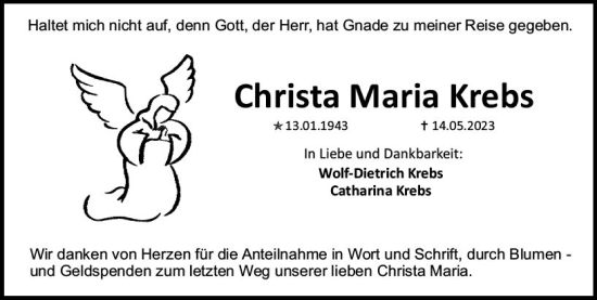 Traueranzeige von Christa Maria Krebs von Allgemeine Zeitung Mainz